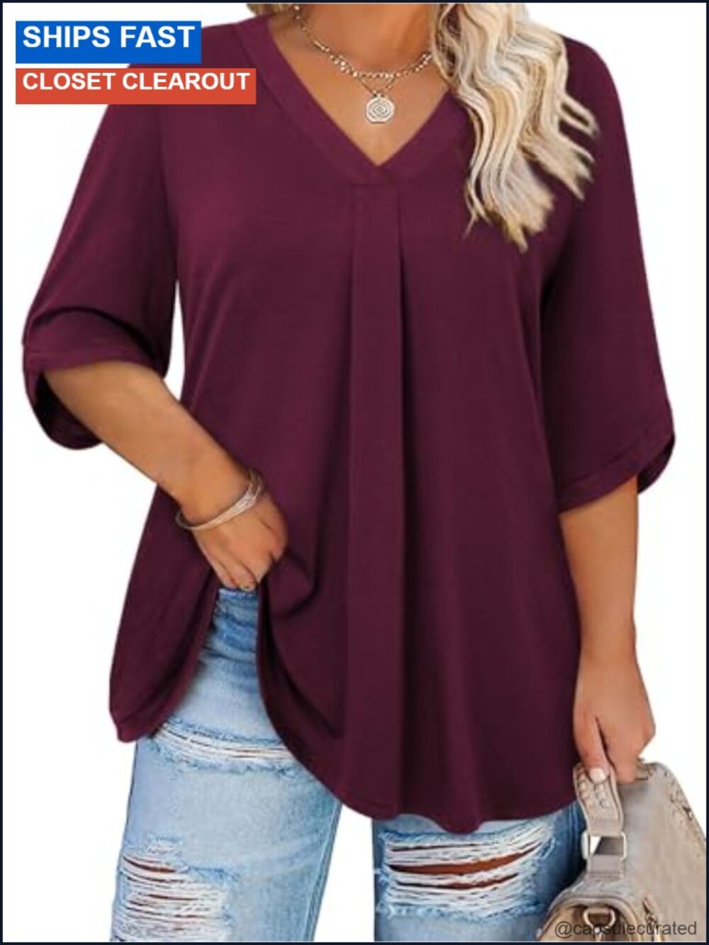 Plus Size 3/4 Sleeve V Neck Tunic Tops for Women, Soft Stretch Cotton Blend